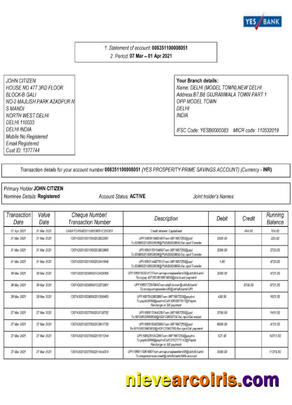 India Yes Bank statement Word and PDF, 2 pages scr
